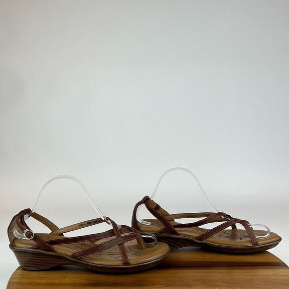Womens Born Strappy‎ Brown Leather Thong Mini Wedge Heeled Sandals Size 9 M GUC - Picture 1 of 9